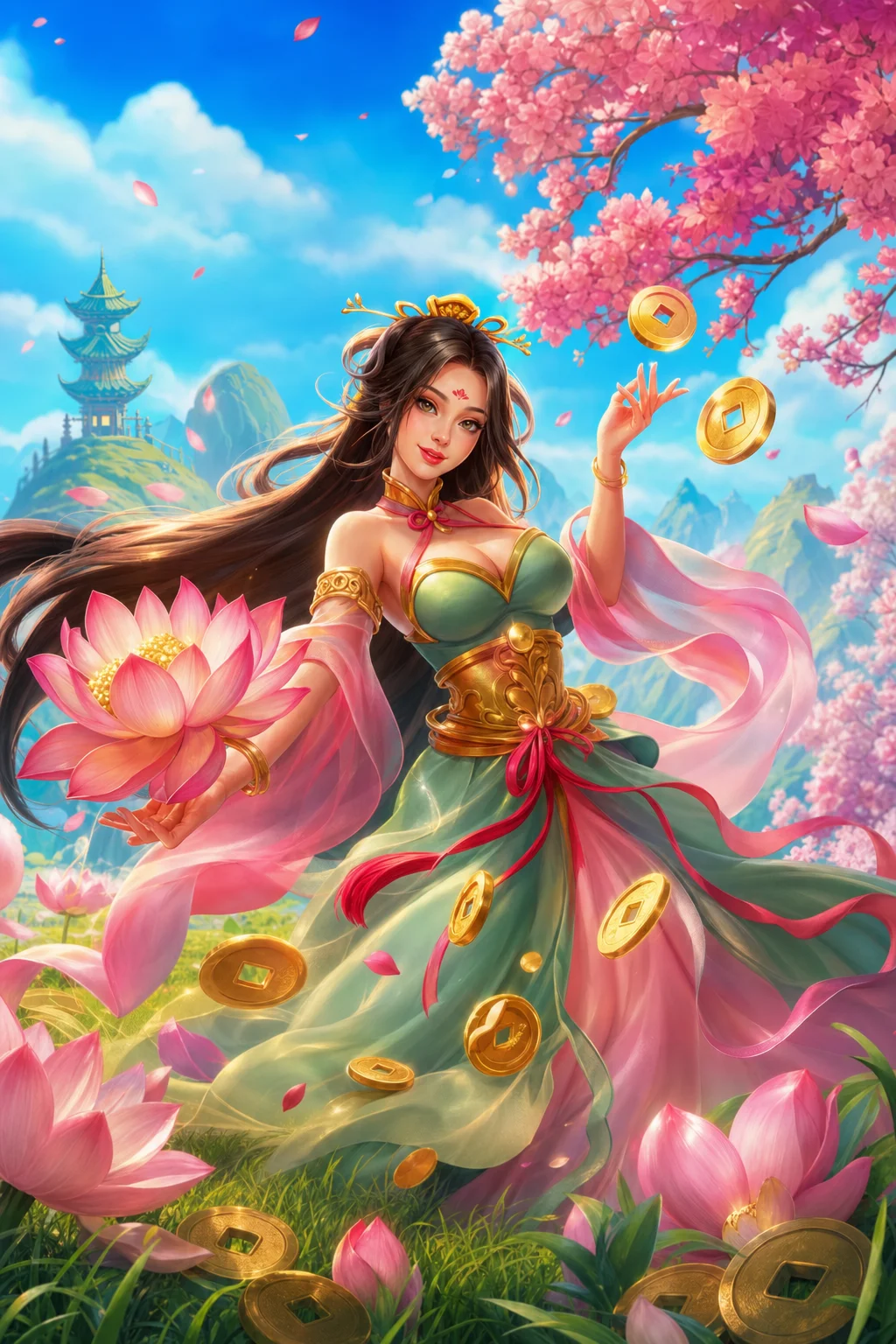 Fantasy woman with lotus blossoms and gold coins inspired by Mystic Fortune Deluxe